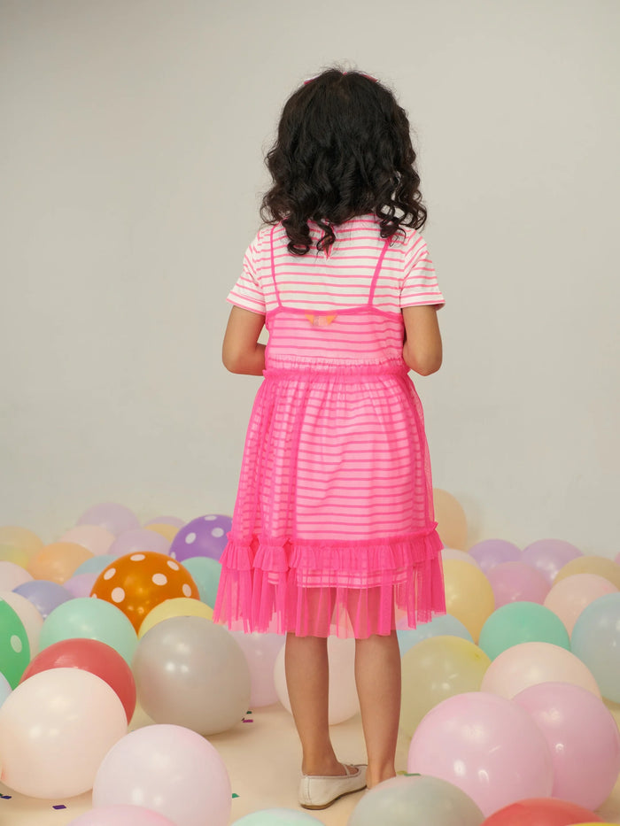 Pink Mesh Dress Set Of 3
