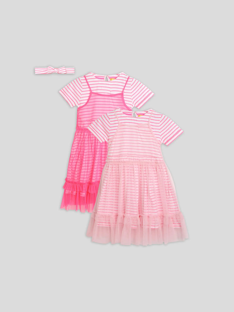 Pink Mesh Dress Set Of 3
