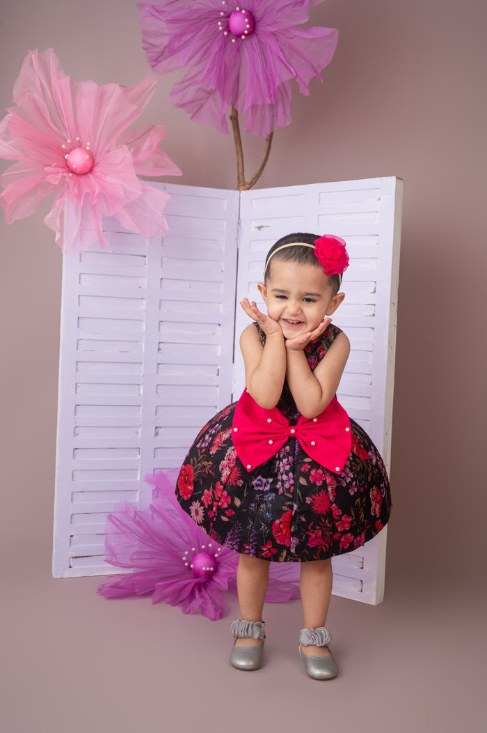 Signature Flaired Dress in Black Floral Organza Print