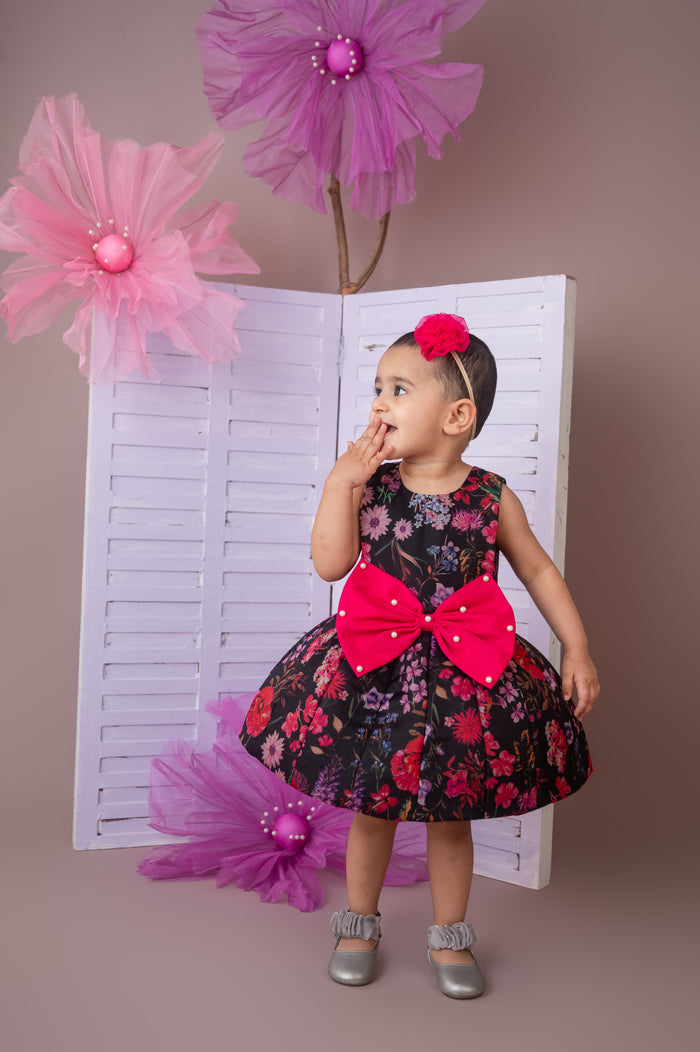 Signature Flaired Dress in Black Floral Organza Print