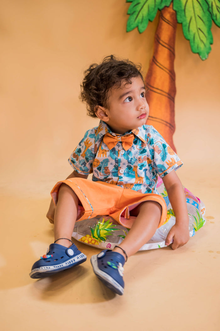 Animal Kingdom Printed Shirt And Pant Set With Bow Tie