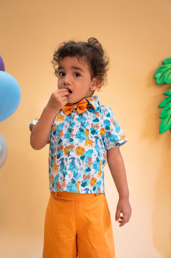 Animal Kingdom Printed Shirt And Pant Set With Bow Tie