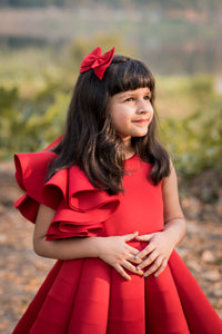 Red Carpet One Shoulder Ruffled Sleeve Gown