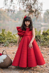 Red Carpet One Shoulder Ruffled Sleeve Gown