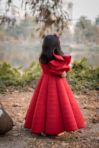 Red Carpet One Shoulder Ruffled Sleeve Gown