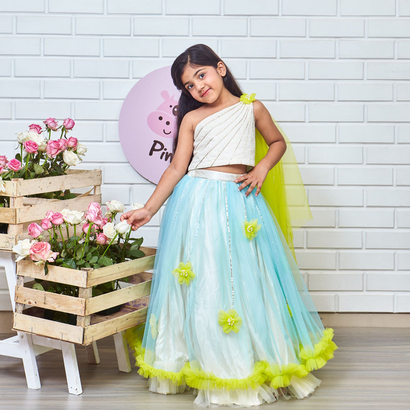Dreamy Cinderella Ghaghra Choli With Gota Patti Embellishments And Poppat Green Flowers And Frills