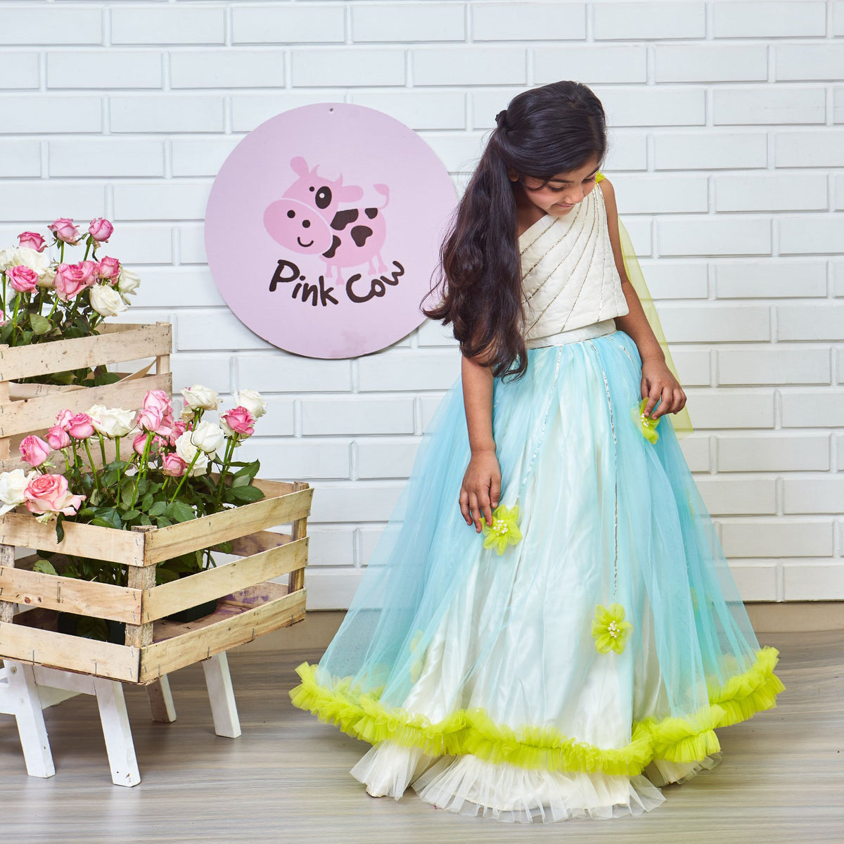 Dreamy Cinderella Ghaghra Choli With Gota Patti Embellishments And Poppat Green Flowers And Frills