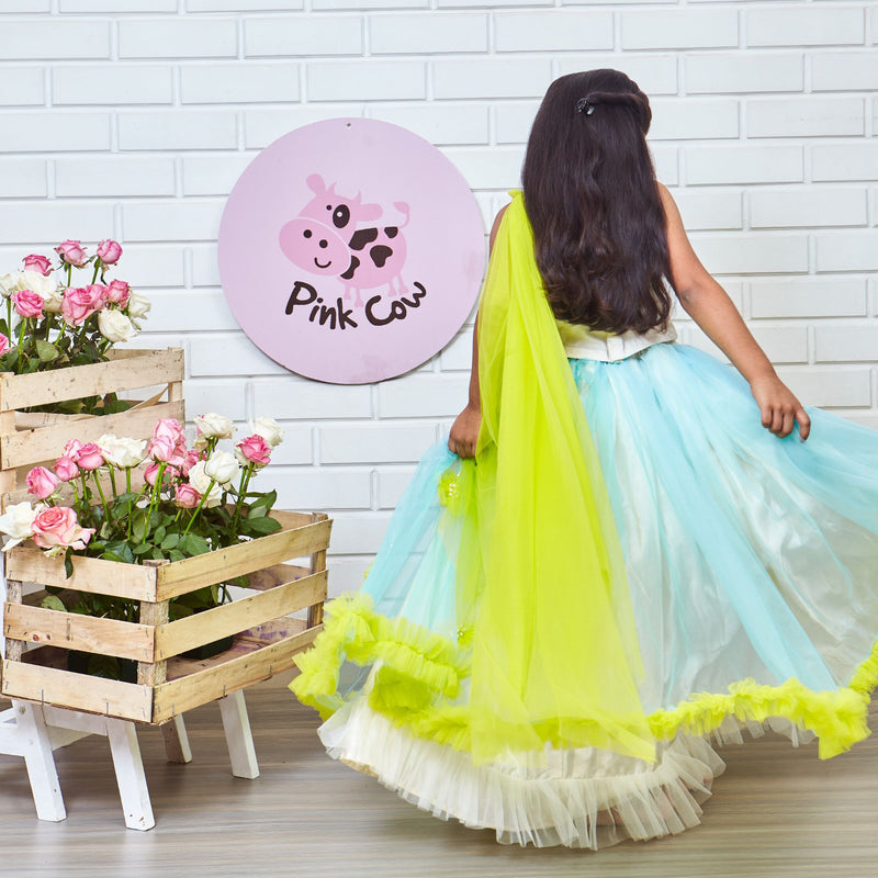 Dreamy Cinderella Ghaghra Choli With Gota Patti Embellishments And Poppat Green Flowers And Frills