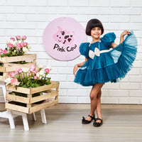 Puff Sleeves And Ruffle Hem Blue Fancy Dress