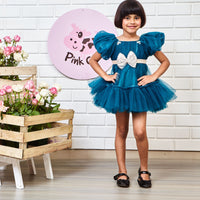 Puff Sleeves And Ruffle Hem Blue Fancy Dress