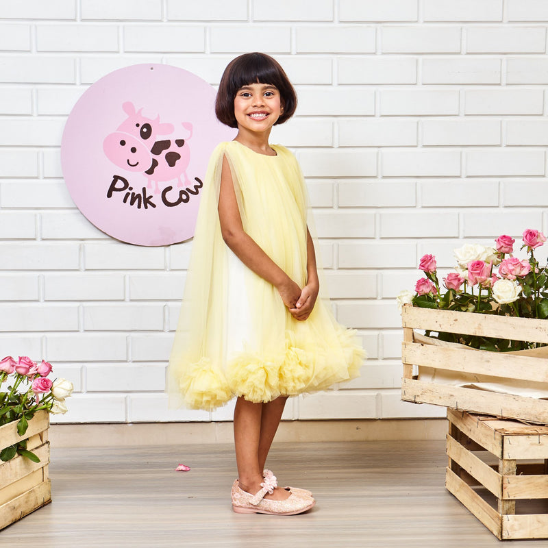 Yellow Pompom Flared Dress