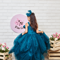 Teal Blue Drapped Gown With Big Velvet Bow