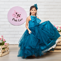 Teal Blue Drapped Gown With Big Velvet Bow