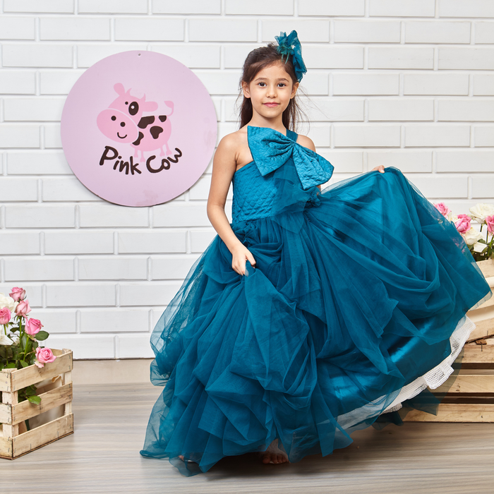 Teal Blue Drapped Gown With Big Velvet Bow