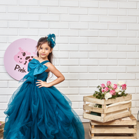 Teal Blue Drapped Gown With Big Velvet Bow