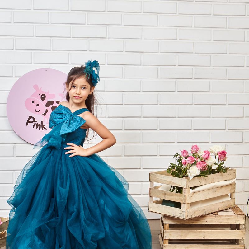 Teal Blue Drapped Gown With Big Velvet Bow