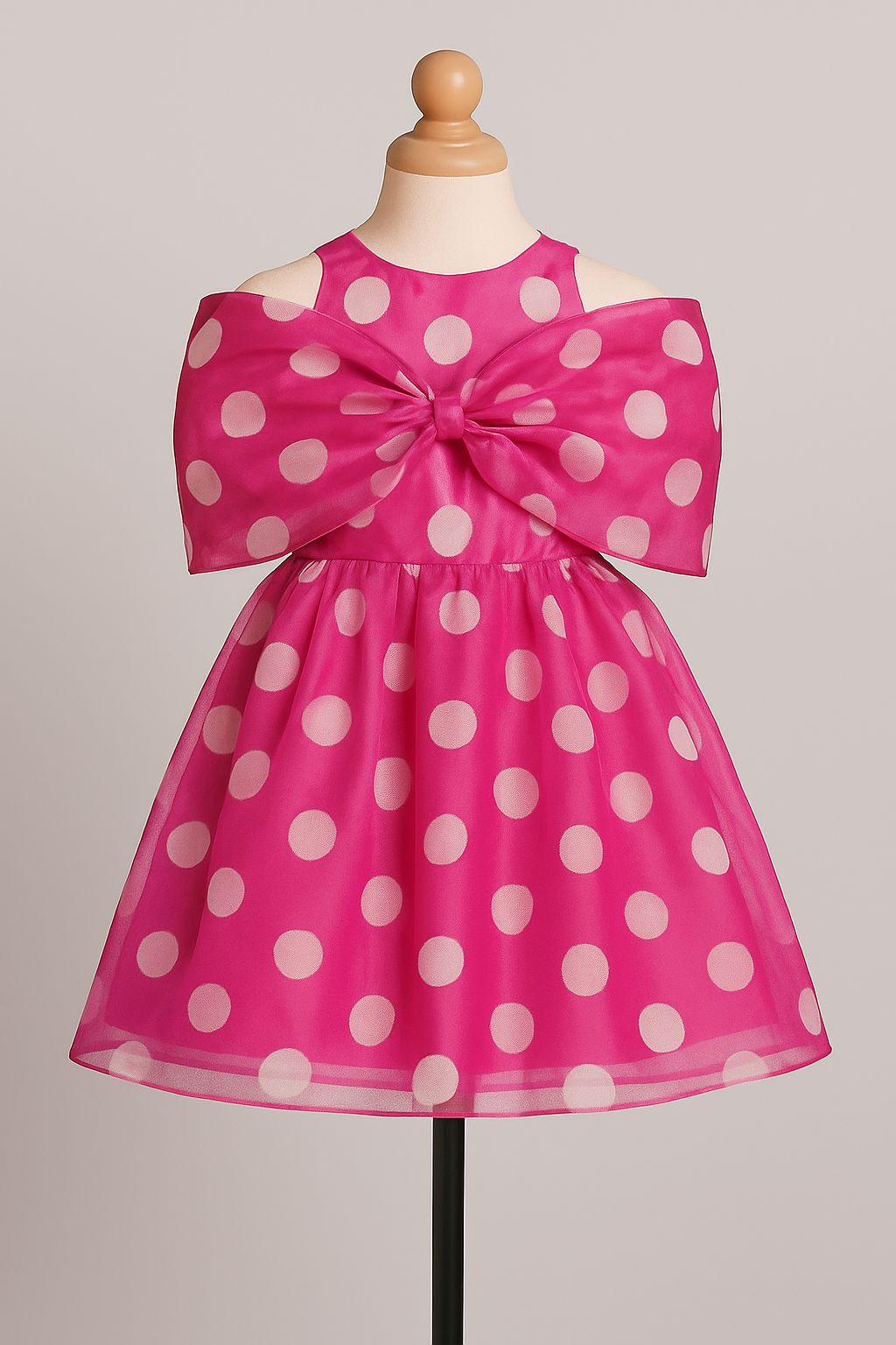 Sleeveless Pink Polka Dot Frock With Front Cover Bow