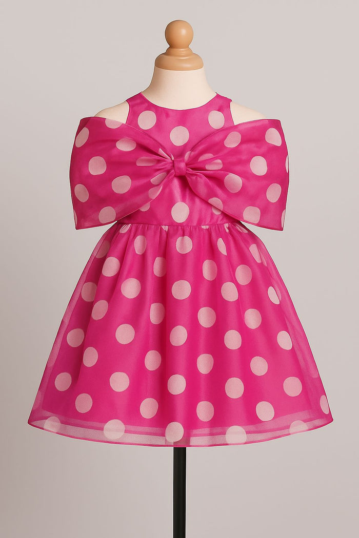 Sleeveless Pink Polka Dot Frock With Front Cover Bow
