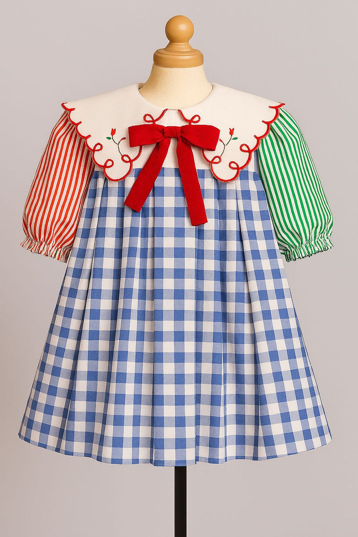 Check Aline Dress With Multicolour Strip Sleeve Scalloped Collar