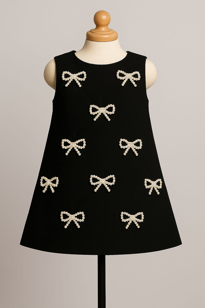 Black Aline with golden  Pearl  bow And Sleeveless Dress