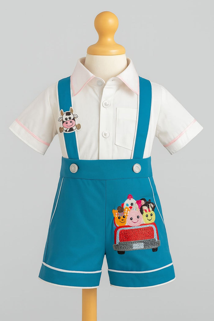 Animal Car Dungaree Set (Teal)