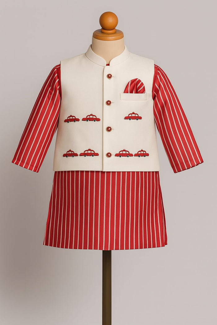 Red White Stripes Printed Kurta with Nehru Jacket