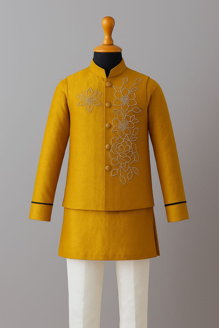 Jacquard Embroidery Mustard Bundi And Kurta Set