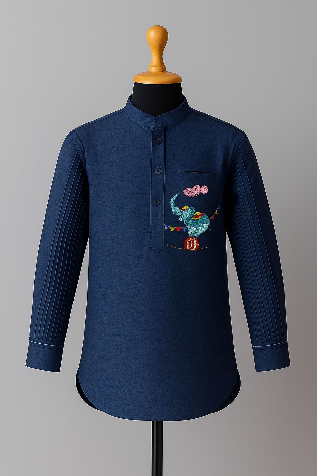 Navy Blue Elephant Embroidery Short Kurta