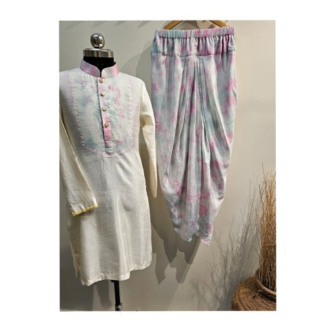 Pink And Green Tie Dye Kurta With Dhoti