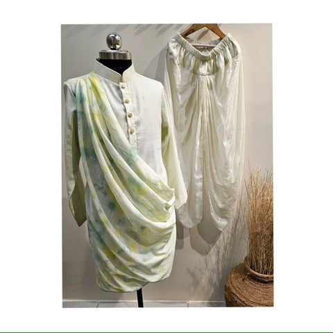 Green Yellow Tie Dye Draped Kurta With Dhoti