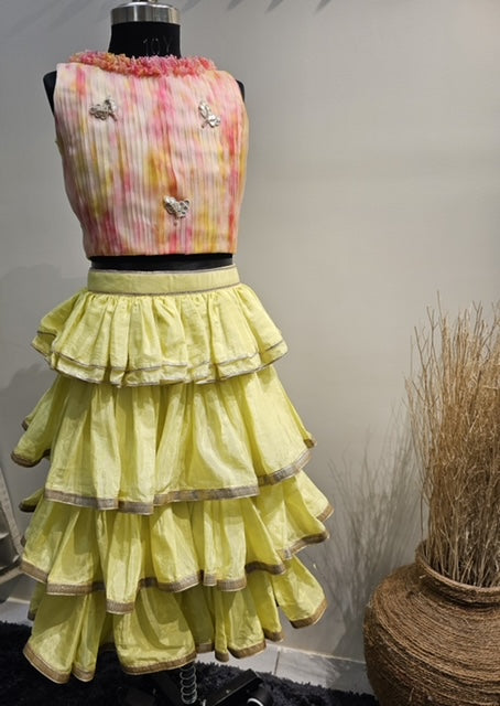 Pink Tie Dye Top With Ruffled Yellow Skirt