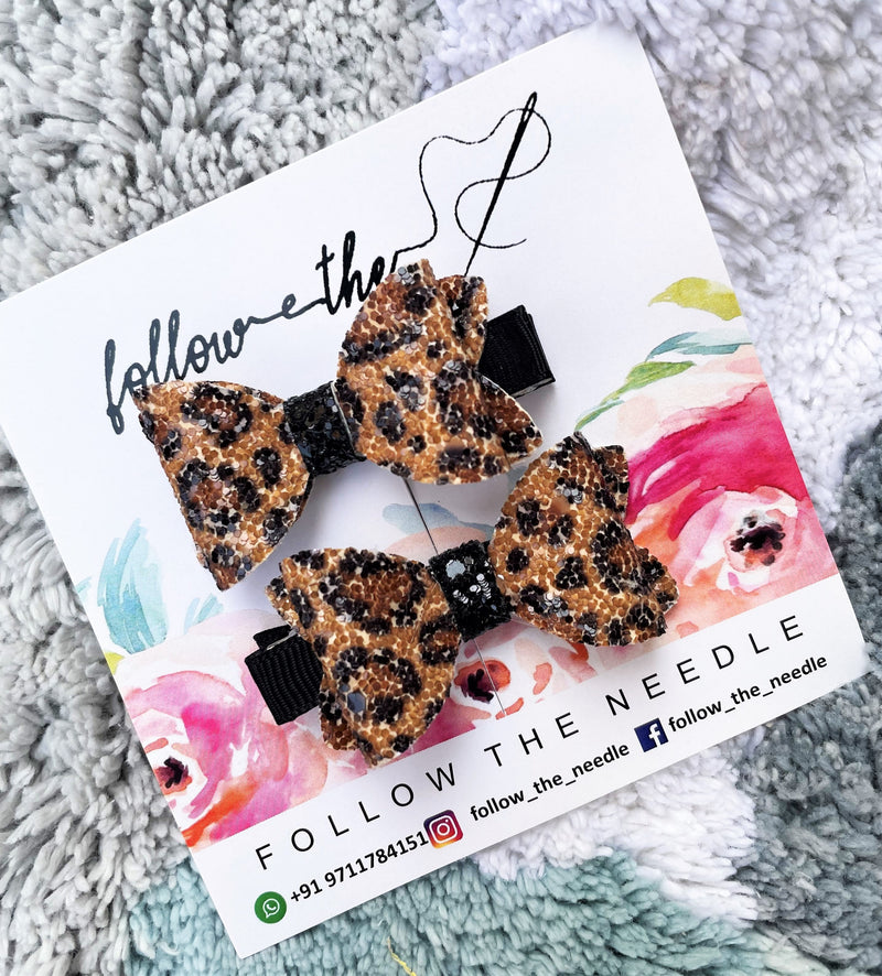 Faux Leather Glitter Leopard Print Pair Bows