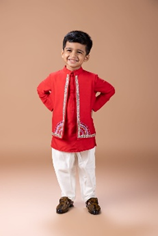 DARK RED KURTA WITH HEAVY GOTA AND THREAD EMBROIDERED ON OPEN BUNDI JACKET WITH PAJAMA SET