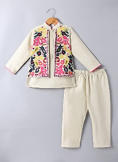 BEIDGE HEAVY APPLIQU EMBROIDERED ATTACHED OPEN JACKET AND KURTA WITH PAJAMA SET