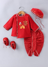 JAMANA BOY RED WITH CARNIVAL EMBROIDERY FRONT OPEN TOP ASSYMETRICAL TOP WITH LAHARIYA DHOTI SET