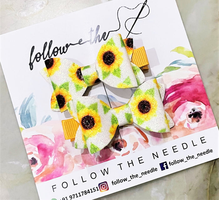Faux Leather Glitter Sunflower Pair Bows
