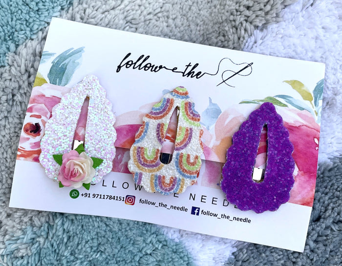 Faux Leather Rainbow Glitter Snap Pins Set of 3
