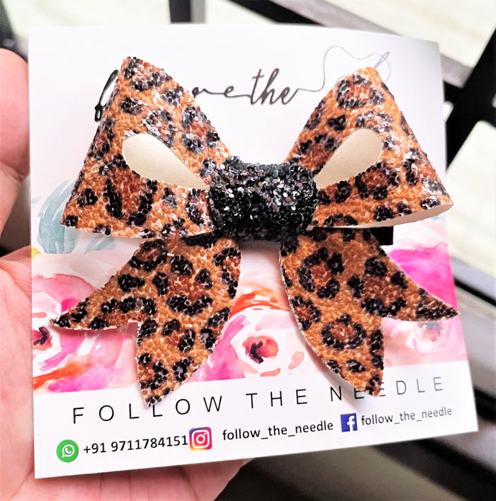Faux Leather Glitter Leopard Print Hairbow