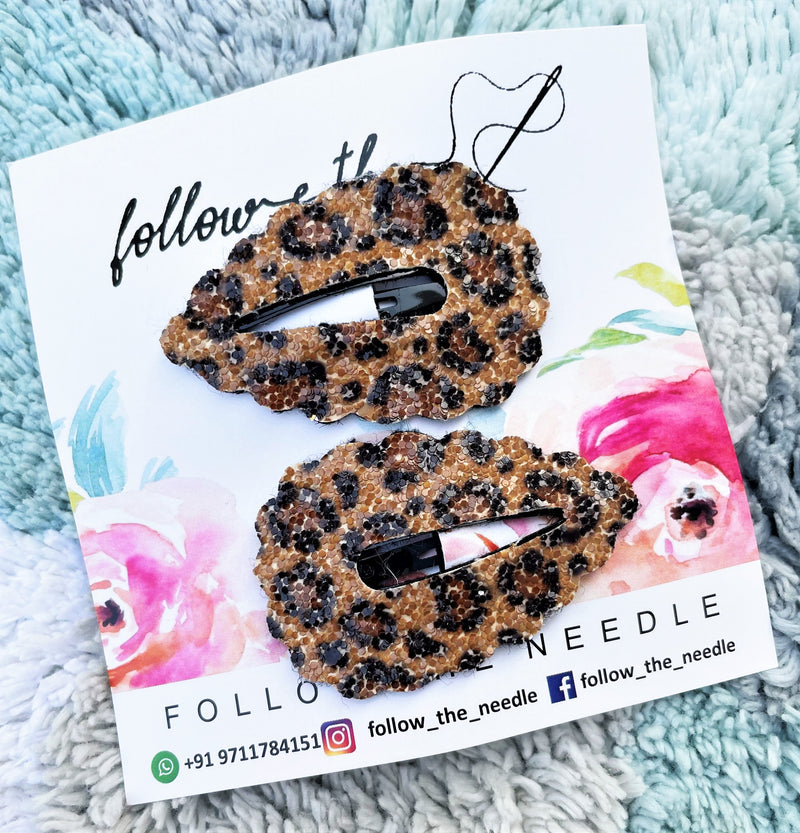 Faux Leather Leopard Print Glitter Snap Pins Set of 2