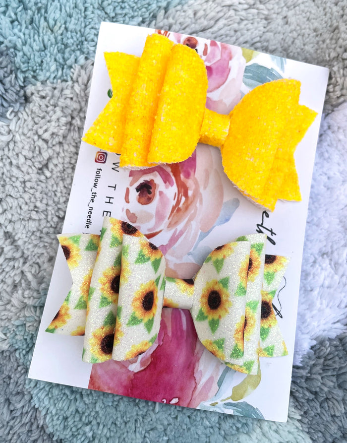 Faux Leather Sunflower Glitter Bows Set of 2