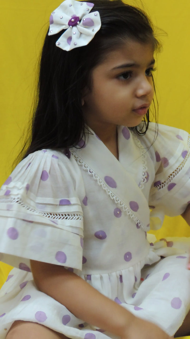 Offwhite And Purple Polka Handblock Printed Dress