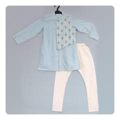 Aqua Blue Kossa Silk Kurta And Off White Katan Silk Churidar Set With Foil Print Embroidered Flap