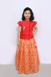 Red Blouse With Peach Printed Kota Ghaghra