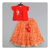 Red Blouse With Peach Printed Kota Ghaghra