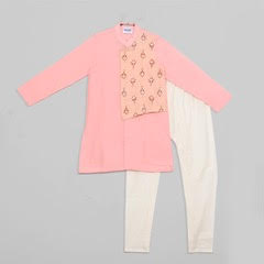 Pink Kossa Silk Kurta And Off White Katan Silk Churidar Set With Foil Print Embroidered Flap