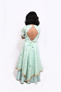 Aqua Blue Ghaghra With Foil Print Embroidery Blouse