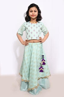 Aqua Blue Ghaghra With Foil Print Embroidery Blouse
