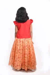 Red Blouse With Peach Printed Kota Ghaghra