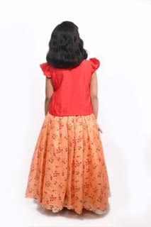 Red Blouse With Peach Printed Kota Ghaghra